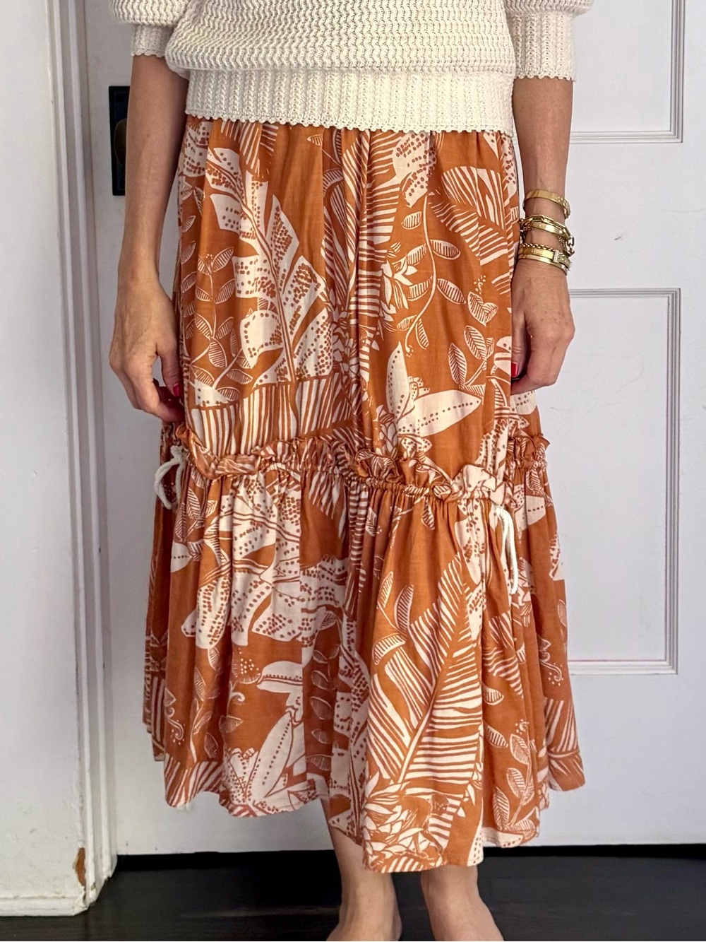 See By Chloé Rust and White Floral Tiered Midi Skirt